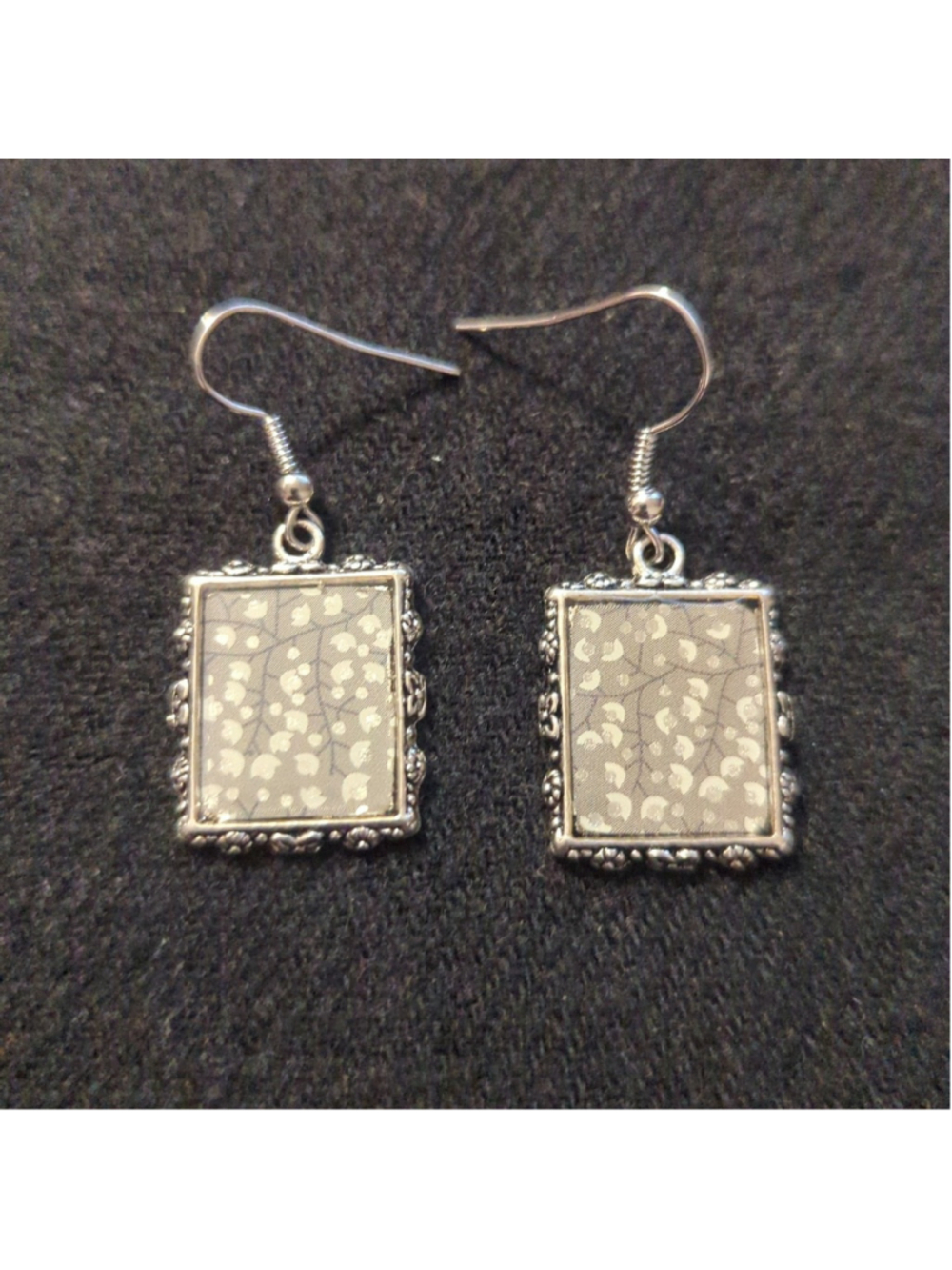 Silver Tone Grey Floral Rectangular Dainty Delicate Drop Statement Earrings